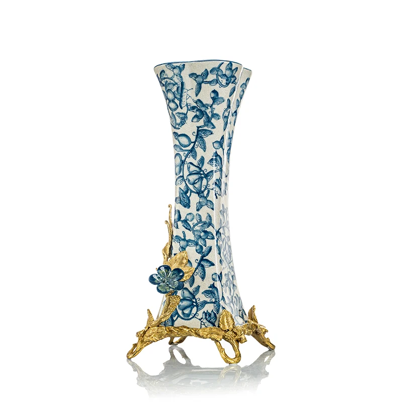 

Ceramic Inlaid Copper Flower Arrangement Vase Living Room Entrance Model Room Blue and White Porcelain Ornaments