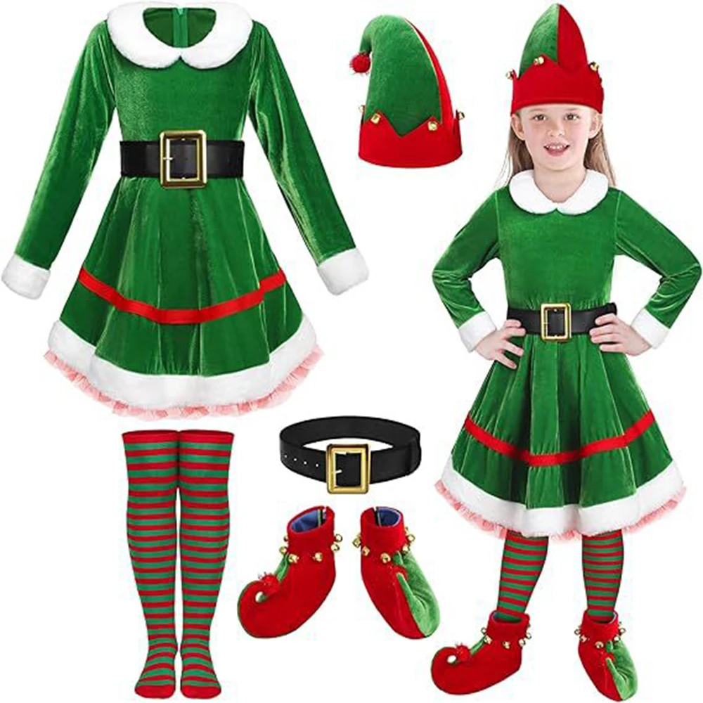 thumbnail image 4 of Disfraces de Navidad para niñas y mamás, conjunto de vestido + sombrero + calcetines + zapatos + cinturón para toda la familia, elfo navideño, traje de Navidad para niños y adultos, 4 of 5