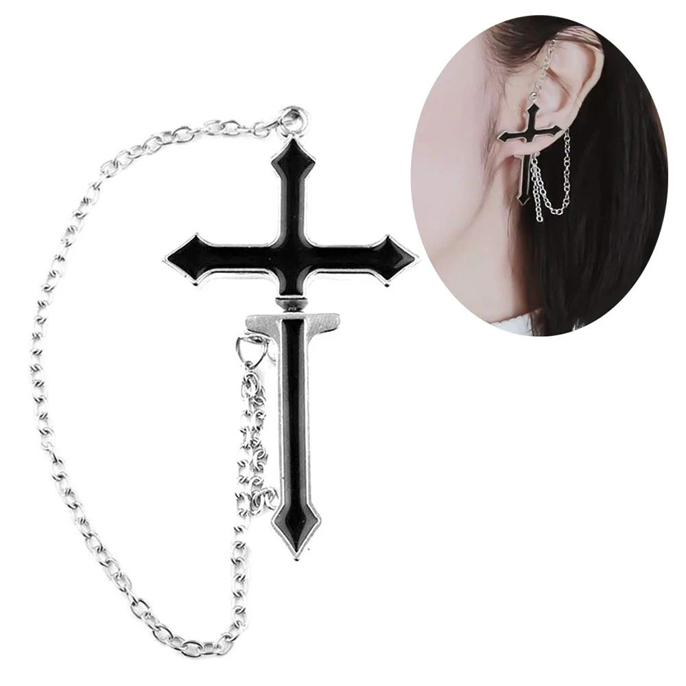 GothBlackEmamelBigCrossDropEarringsForWomenMetalChainPunk