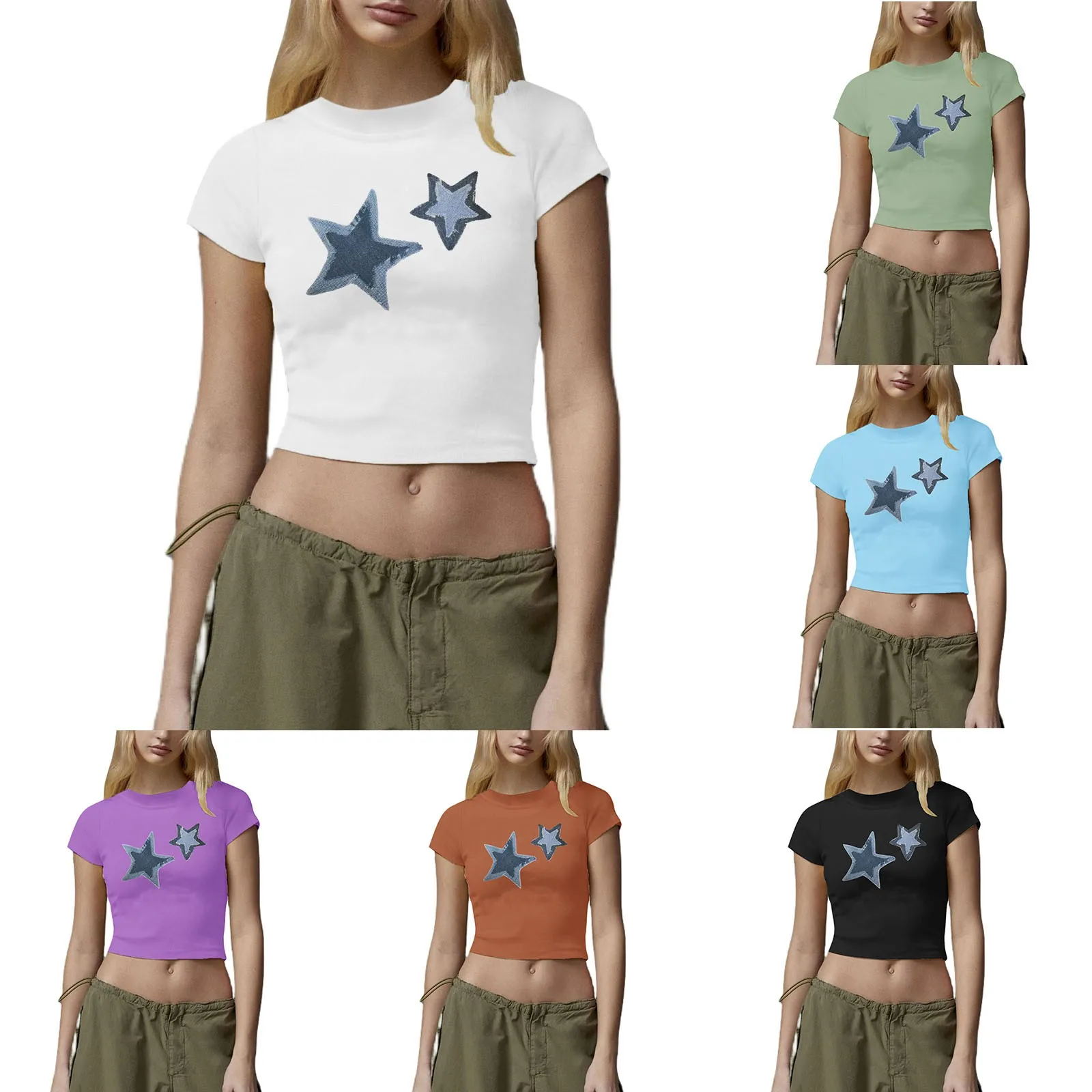 

2024 New Summer T Shirts Crop Tops Womens Casual Fashion Printed Crew Neck Short Sleeve Tops Slim Fit Spandex T Shirts for Women