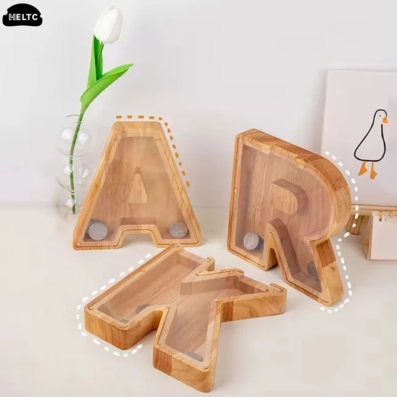 26 Letters Wood Twenty-six English Alphabet Moneybox Coin Money Piggy Bank Wooden Letter Saving Box Desktop Ornament Home Decor