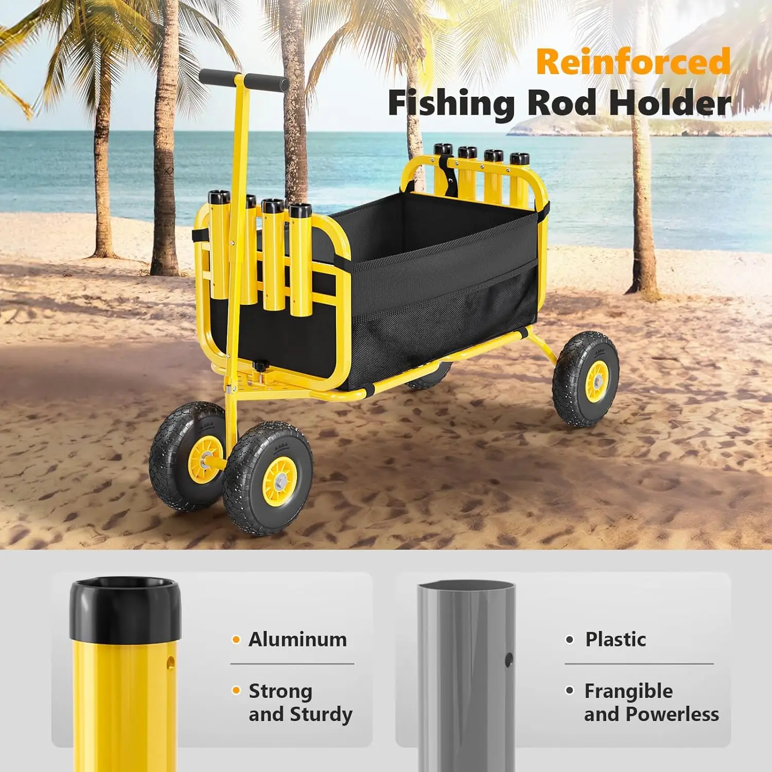Foldable Trolley with 11" Airless Tires, Beach Trailer with Large Cargo Basket, 550 lbs Load Capacity, 8 Fishing Rod Holders