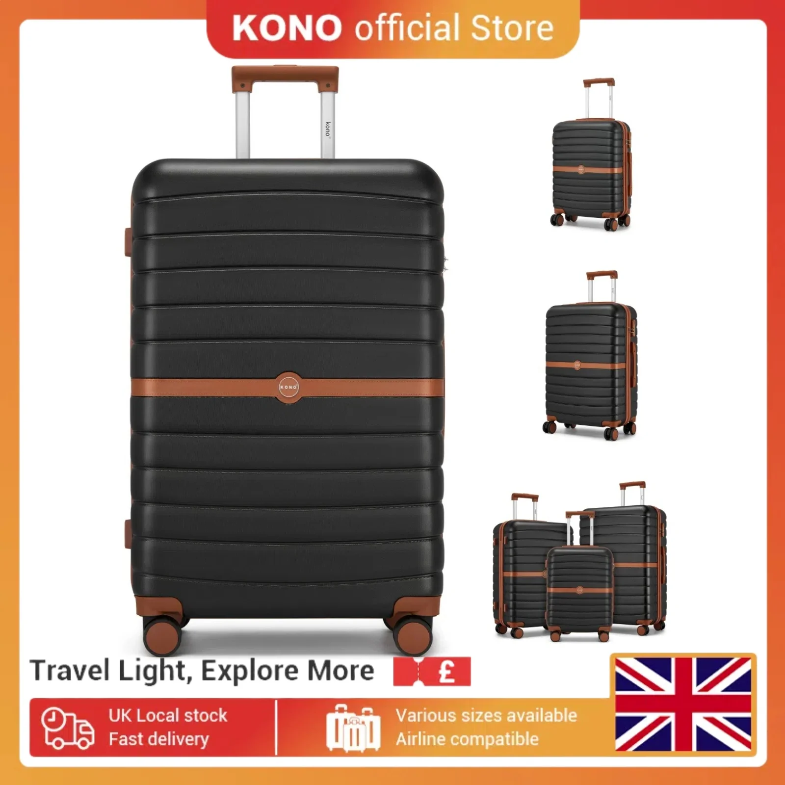 KONO ABS+PC Suitcases 20"/24"/28" - Lightweight Hard Shell Luggage with 360° Spinner Wheels & TSA Lock | Cabin Bag & Check-In Cases