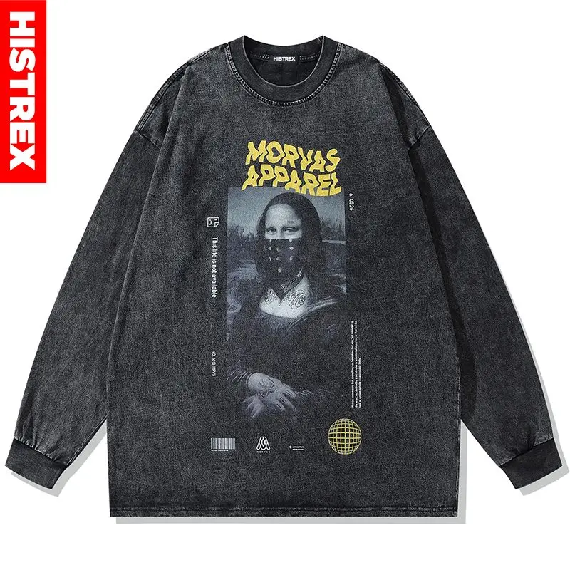 

Gangster Mona Lisa Sweatshirt Men,Vintage Streetwear Pullover,Hip Hop Long Sleeve Washed Tee,100% Cotton Tops,Y2K Loose T Shirt