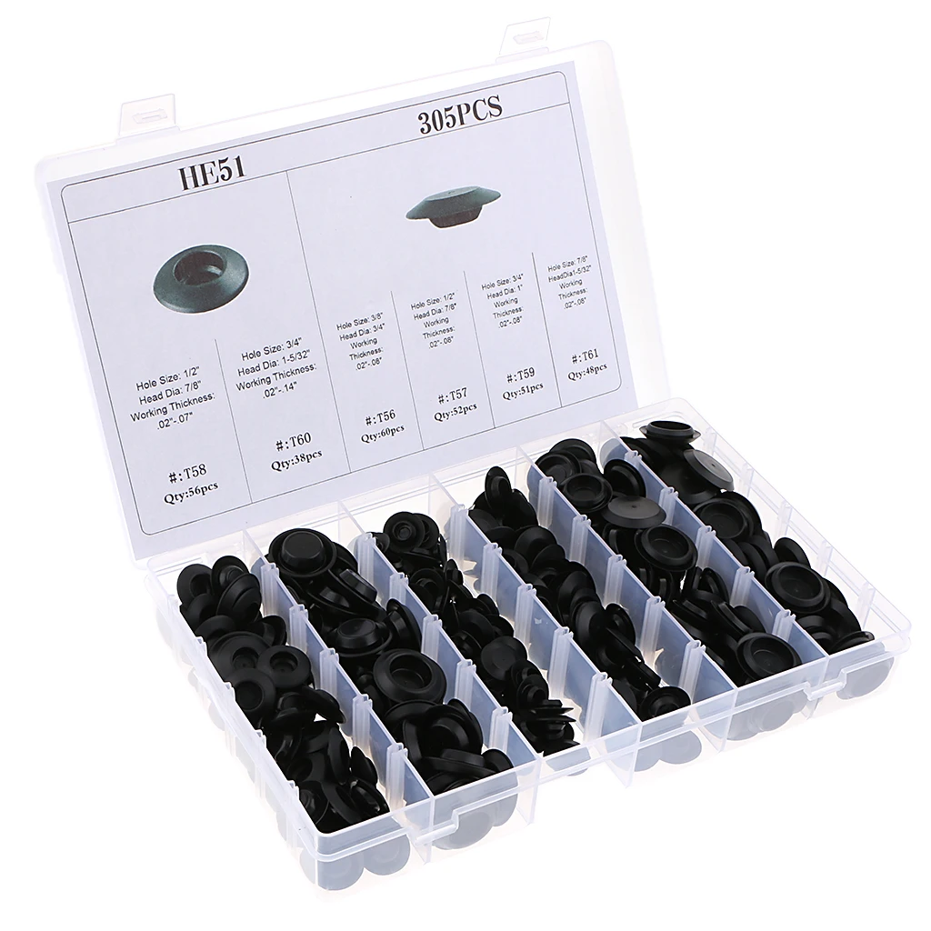 305 Pieces 6 Kinds Rubber Snap-In Blanking Plug Body Hole Bungs Stopper Kits Rubber Snap In Blanking Plug Car Mouldings Trim