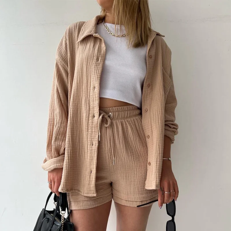 Summer Solid Pleated Two Piece Set for Women Cotton Casual Long Sleeve Shirt Shorts Sets 2023 Fashion Button Female Outfits 2pcs 2pcs flat pleated filters for bosch gas 35 l afc gas 35 l sfc gas 35 m afc vacuum cleaner replacement part cleaning tools