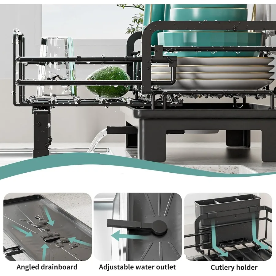 Small Dish Drying Rack Extendable Dish Rack for Kitchen Counter Rustproof Dish Drainers with Utensil Holder Perfect for Apartme