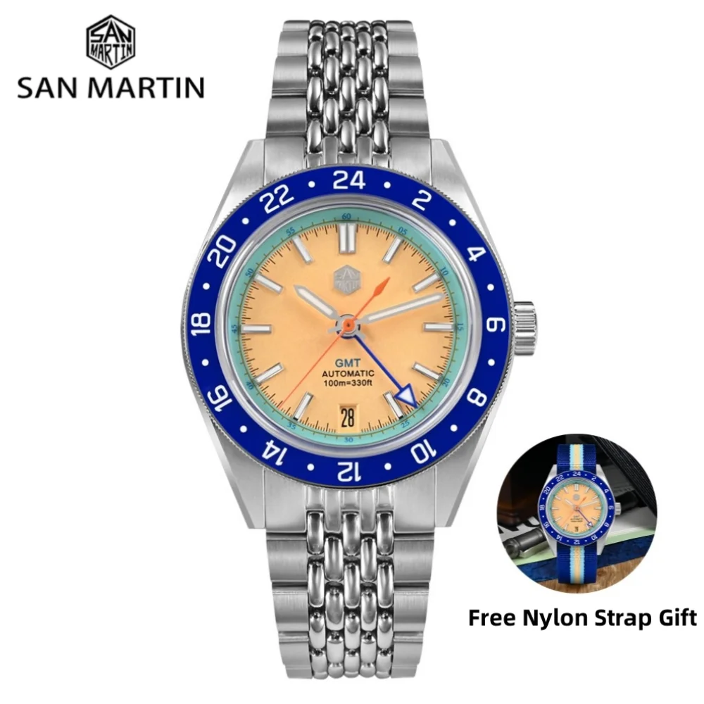 San Martin Original Design 39.5Mm Men Automatic Nh34 Watch Gmt Swim Orologio Da Polso Impermeabile 10Bar Limited Edition Muslimah 33/Sn0116-3