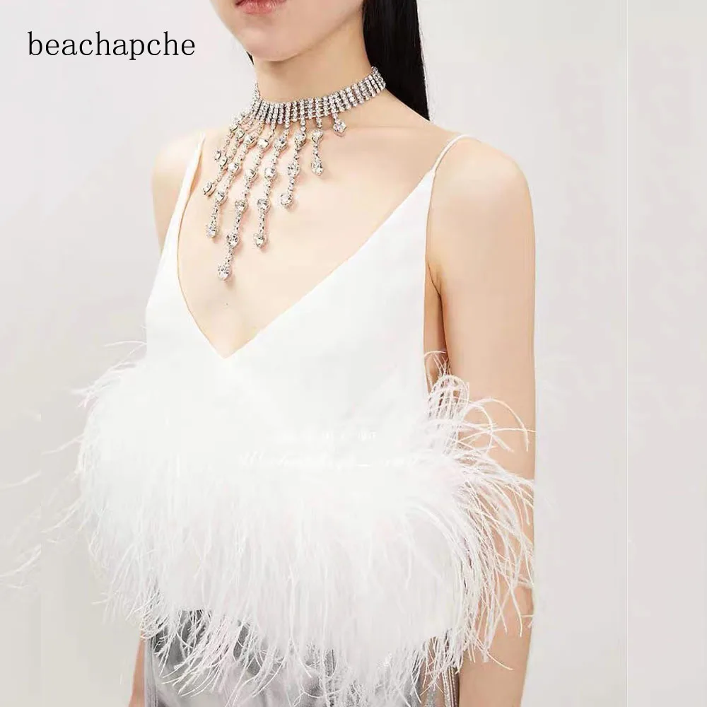 

Beachapche 2022 Spring Fashion Streetwear Front Puffy Ostrich Feathers Spaghetti Strap Tops Women Blouse Lady Party Wear