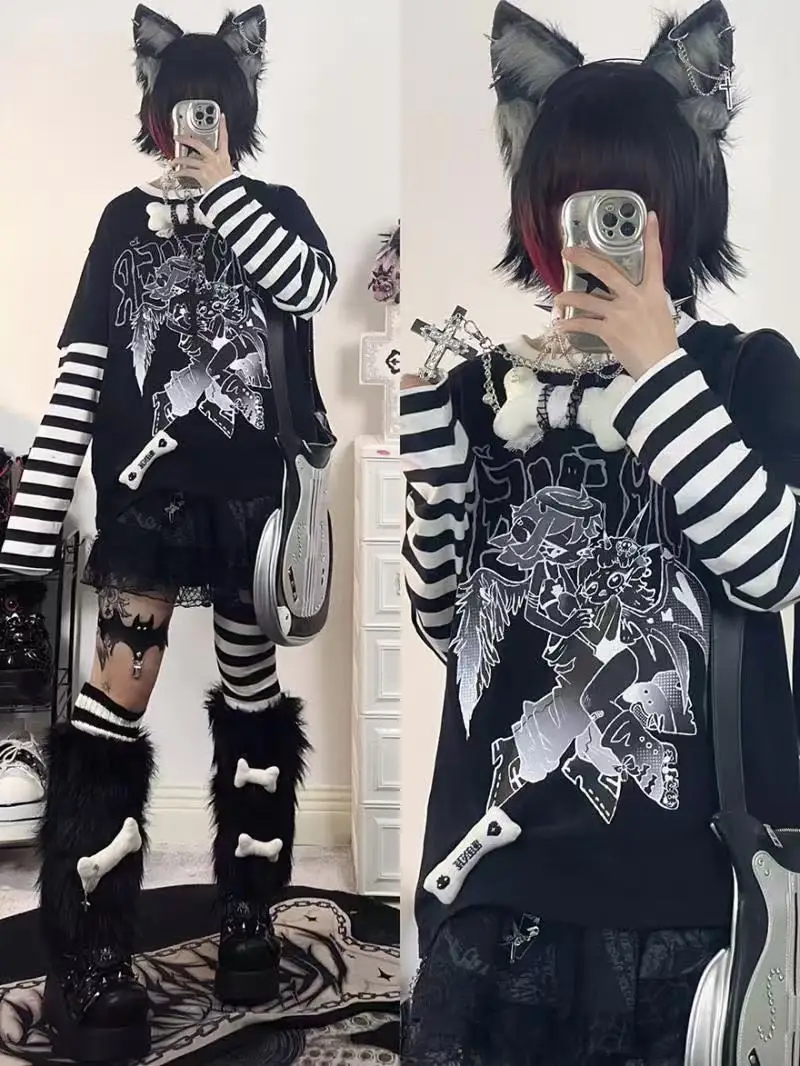 Mode Streifen Druck T-shirts Basic Tee Casual Übergroßen Patchwork Tops Langarm Gefälschte Zwei Stück Gestreiften T-shirt Tees Kleidung
