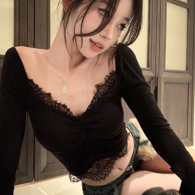 여성용 V넥 긴팔 티셔츠, 단색 상의, 한국 버전