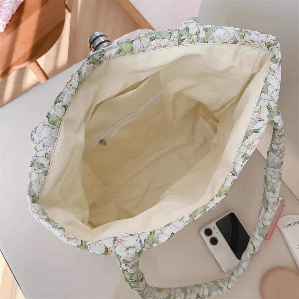 Cotton Floral Tote Bag for Women Handbag Trendy Chic Puffy Top Handle Bag Quilted Padded Shoulder Bag Designer Shopper Bags