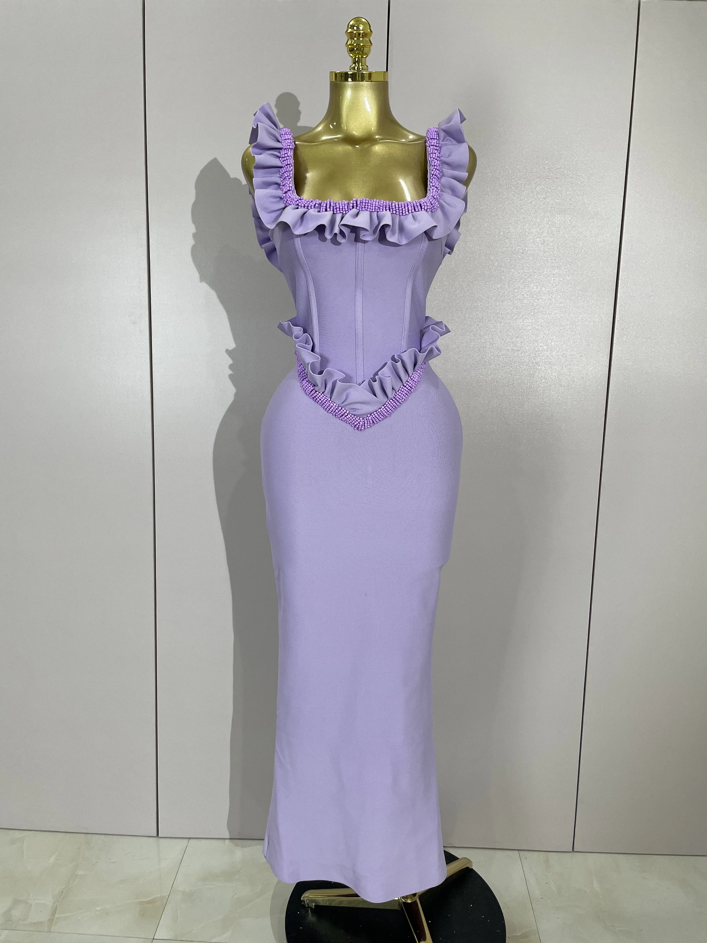 Women Sexy Square Collar Ruffles Beading Long Bodycon Bandage Dress Celebrity Elegant Evening Club Party Birthday Dress
