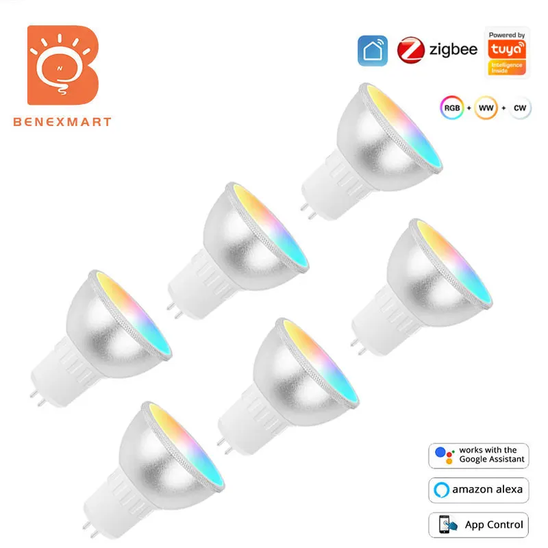 Benexmart 6 Pcs Tuya Zigbee GU5.3 LED Spotlighting RGBCW Dimmable Light Bulb Alexa Google Home Decorative Lamp Work with Homekit