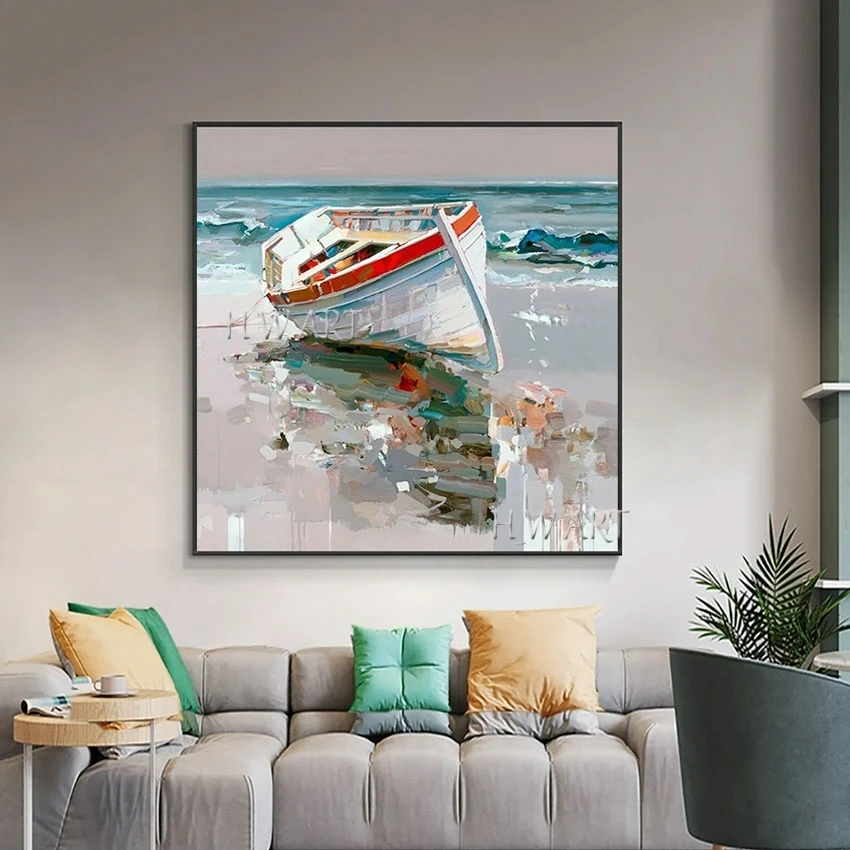 

Картина маслом морская волна, 3D пейзаж с лодкой, абстрактная картина, искусство на стену, без рамки, акриловый дизайн, холст, декоративные предметы для кафе