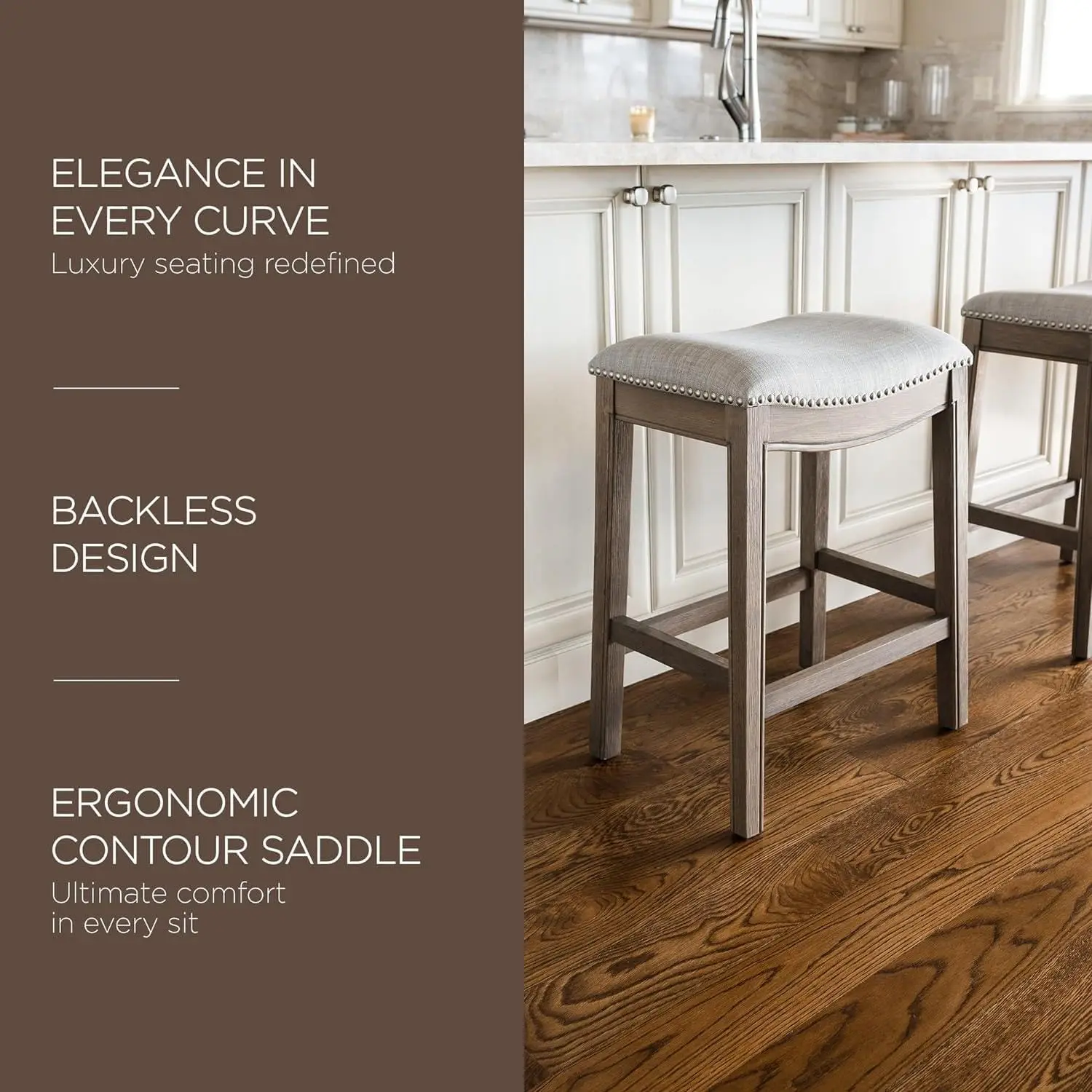 26" Wood Counter Height Stool - Handcrafted Reclaimed Oak Finish with Ash Grey Fabric Upholstered Saddle Seat