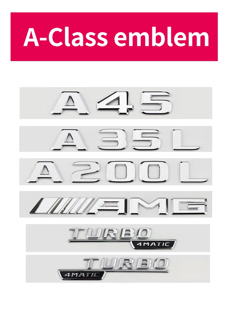 메르세데스 벤츠 A 클래스 W176, W177, A35, A45S, A180, A200, A260, W167, 테일 로고, 매트, 브라이트 블랙, 크롬에 적합