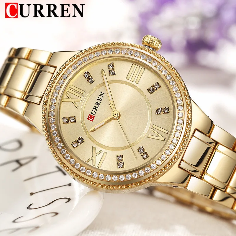 Curren-relógio de pulso feminino, marca de luxo, ouro, pulseira de aço inoxidável, clássico, feminino, relógio, 9004, novo
