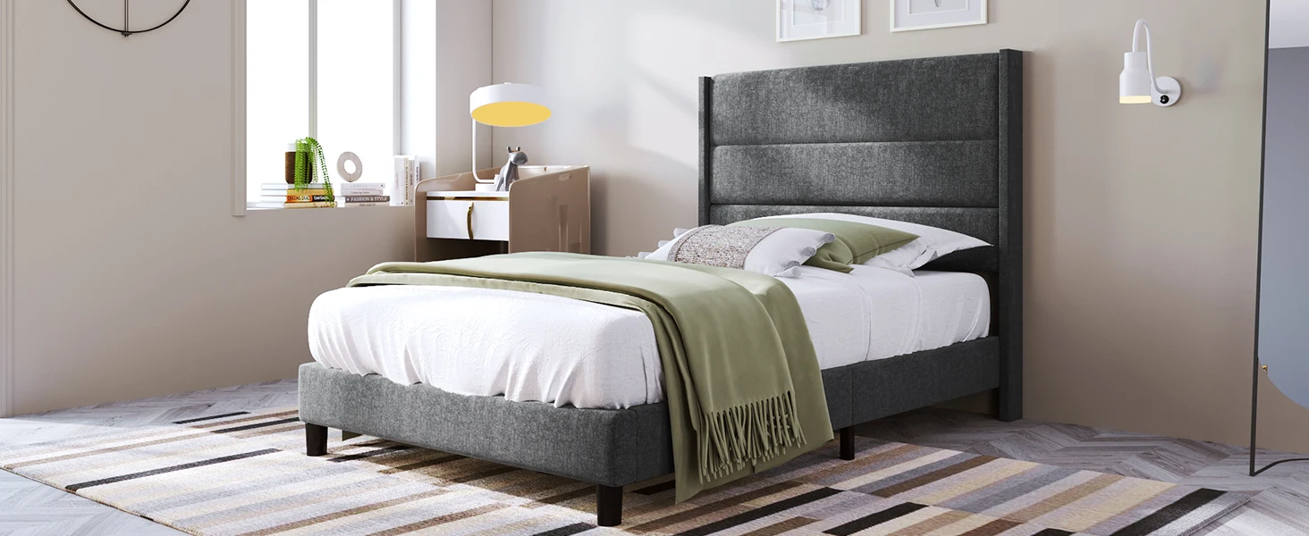 90 x 200 cm großes Polsterbett mit Lattenrost und Kopfteil aus grauem Leinen, modernes Jugenddesign. – Detail 20