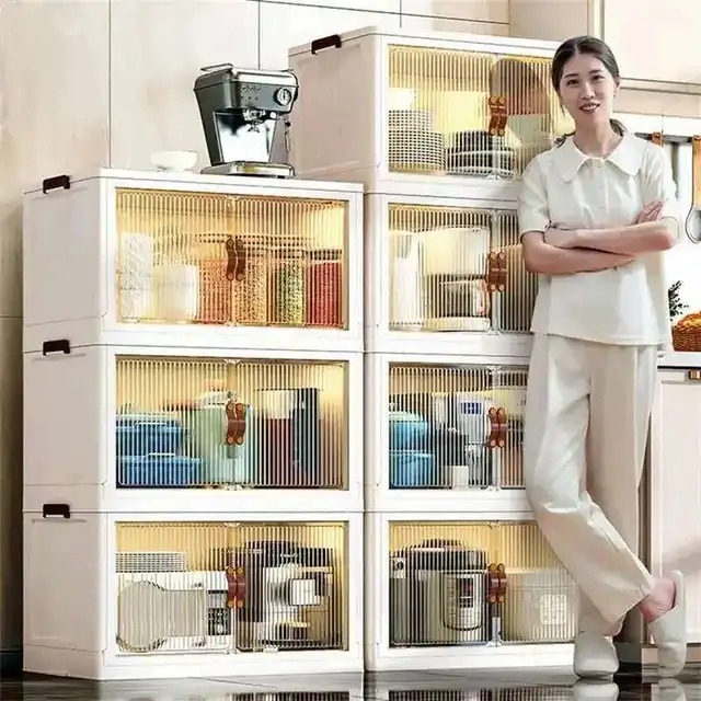 มัลติฟังก์ชั่พลาสติกตู้ครัวเฟอร์นิเจอร์ชั้น Multi-Layer ตู้ห้องนั่งเล่นที่เรียบง่ายกล่องเก็บของพับได้ 1