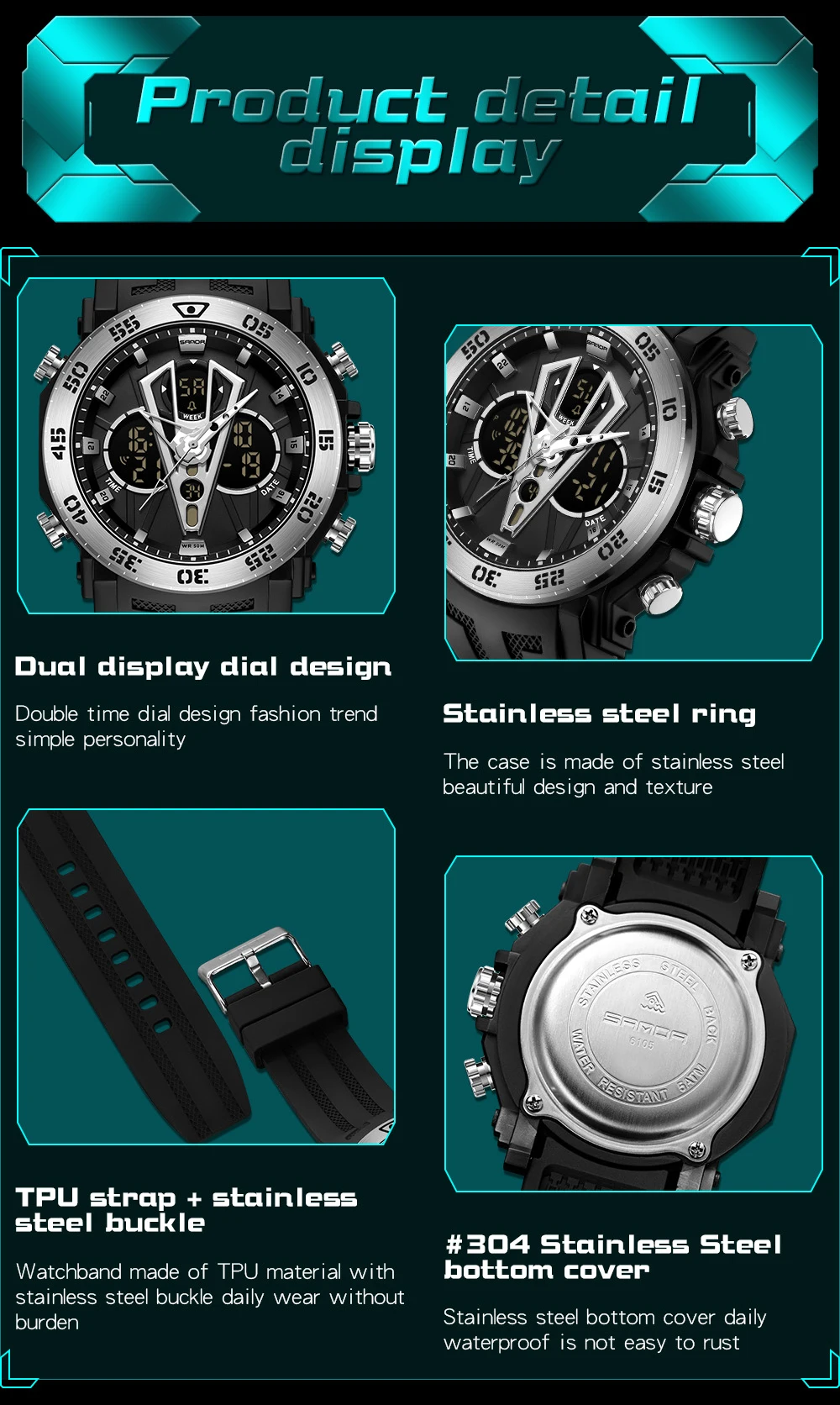 SANDA Top Luxury Watches Men Military Army Mens Watch Waterproof Sport Wristwatch Dual Display Watch Male Relogio Masculino 6105