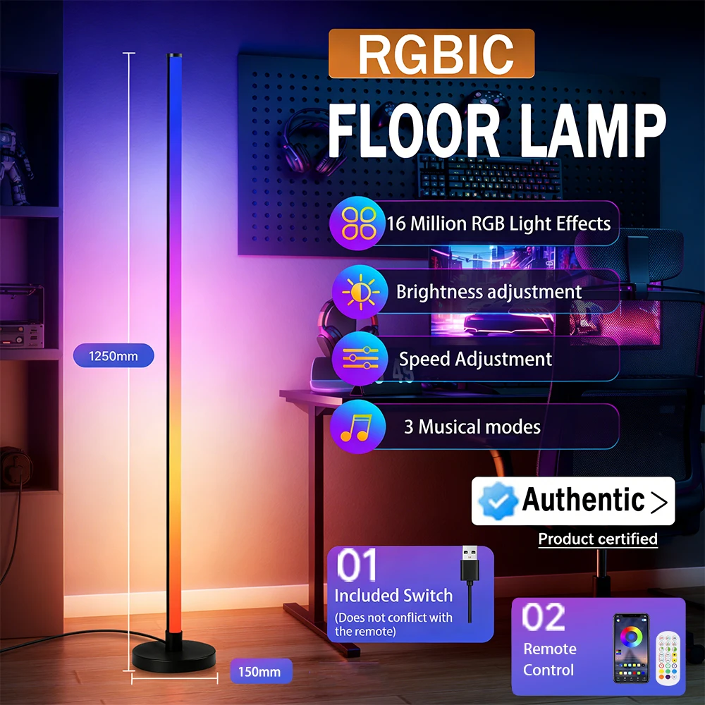 LED floor lamp with remote control, 16 colors, RGB lighting for rooms, suitable for bedrooms, living rooms, dining rooms, decorati...