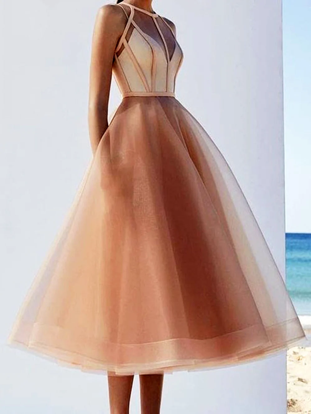 

Fashion Champagne Tea Length Prom Gowns Elegant See Thru Sexy Cocktail Pretty Formal Dress For Graduation Evening Party
