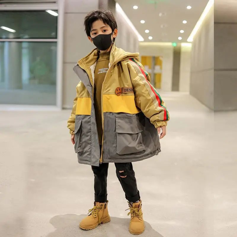 New Winter Children's Boy Thick Velvet Lining Jackets Outerwear Long style Clothes Hooded Teen Boys Windproof Parka Coats 5-12Y