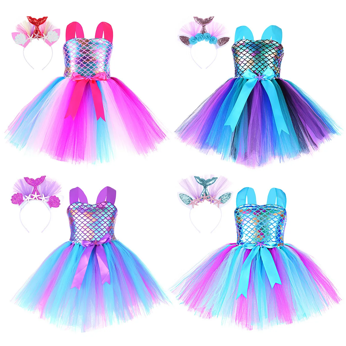 Little Mermaid Princess Dresses for Girls Kids Tutu Dress for Mermaid Birthday Party Costumes Halloween Clothes Set for Children
