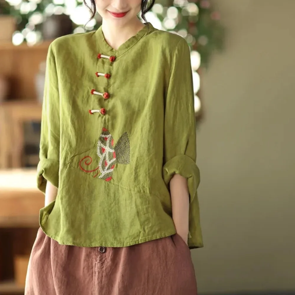 

Women Clothing Shirts for Women Y2k Tops Fashion Clothes Tshirt Cotton Linen Casual Embroidery Tees Ethnic Style Elegant Vintage
