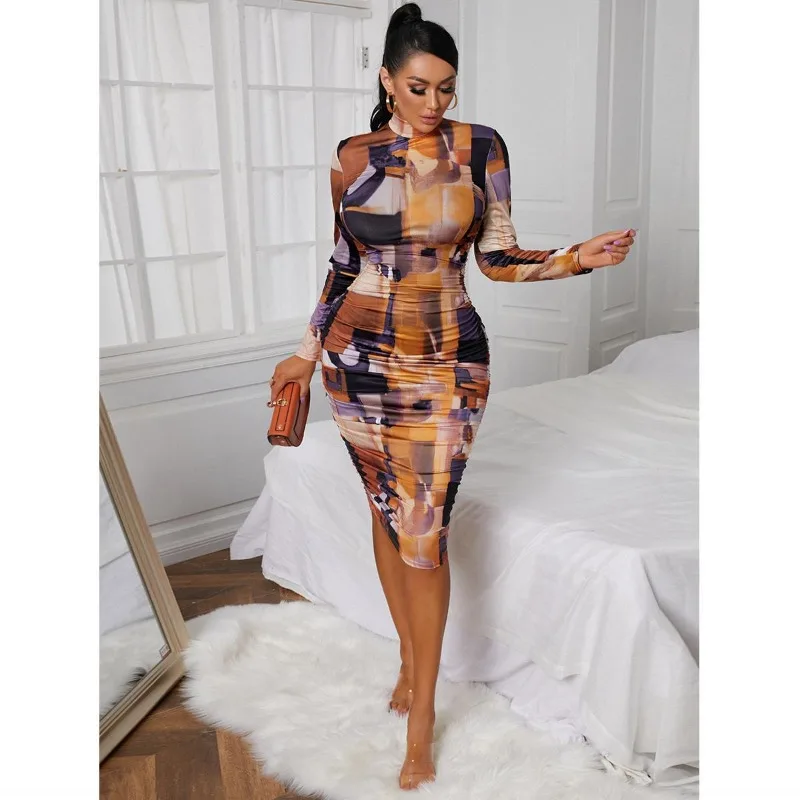 

Sexy Graffiti Print Dress, Long Sleeve, Tight, Round Neck, Elegant Pleated Design, New Arrival, 2023