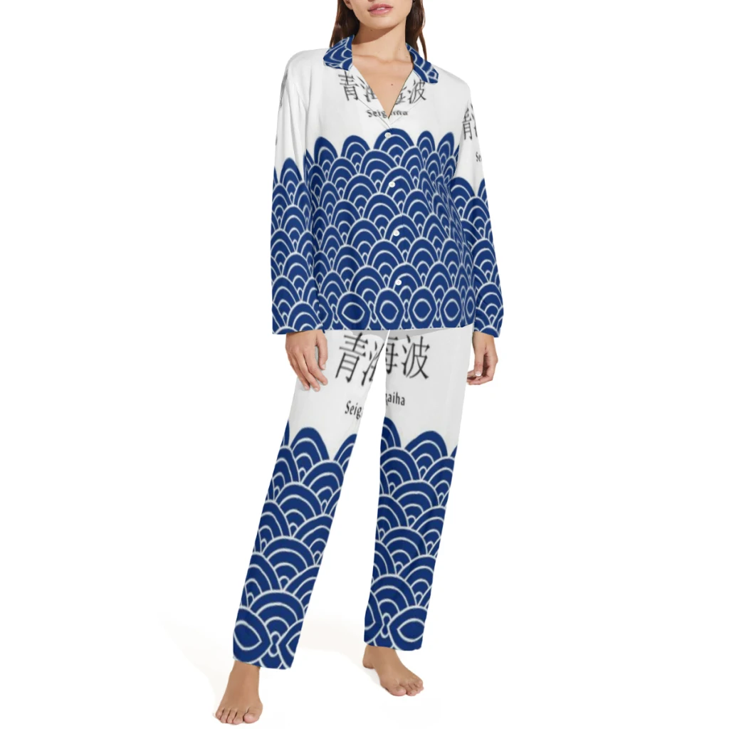 Japanese Style Waves  Printed Sleepwear Set Long-Sleeve New Pajama Sets For Sleeping Winter