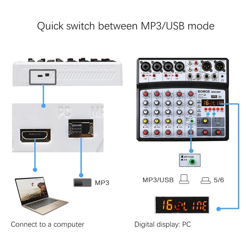 USB 블루투스 파워 스테레오 사운드 카드, 오디오 믹서, 사운드 보드 콘솔, 데스크 시스템 인터페이스, 6 채널, 48V
