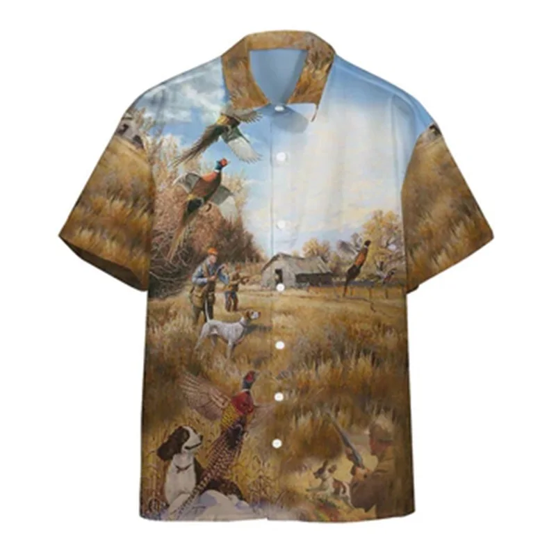 thumbnail image 1 of Camisetas hawaianas con estampado 3D de caza de patos para hombre, nuevas camisetas de playa de manga corta con botones y cuello vuelto, camisetas de lujo, 1 of 5