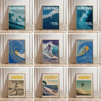 Poster con Copertina di Rivista Sea Surf Barrel, Stampa su Tela con Onde Oceaniche e Surfisti, Decorazione Murale per Casa