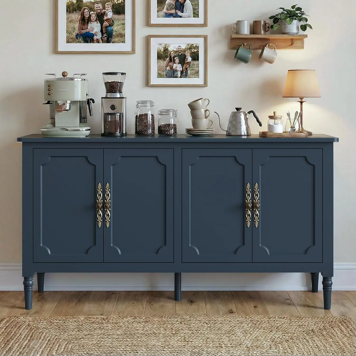 58'' Sideboard Buffet Cabinet with Storage, Modern Buffet Cabinet with Adjustable Shelves & Carved Handle, Mid Century Large Cre
