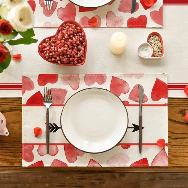 Szív Nyíl Szerelem Valentin Napi Asztali Futó Évforduló Esküvői Konyhai Étkezőasztal Szőnyegek Otthoni Party Dekoráció Terítő Placemat - Image 4