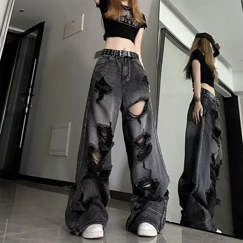Deeptown Black Y2k Ripped Jeans Women Harajuku Gothic Grunge Baggy 