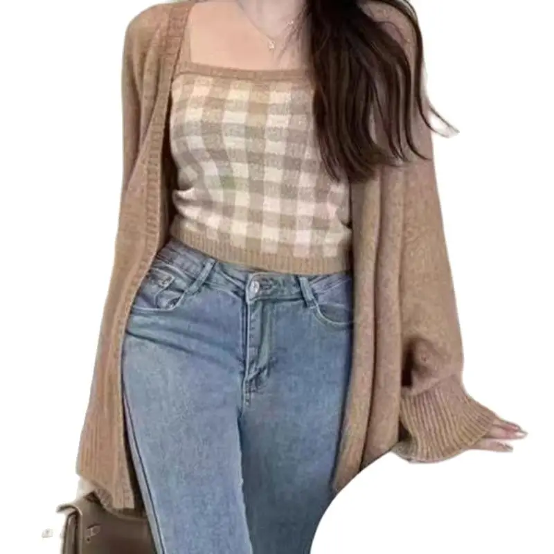 

2023 Autumn Female Sweater Faux Two Pieces Long Sleeve Square Collar Plaid Strap Patchwork Woman Cardigans Korean Style Shirts