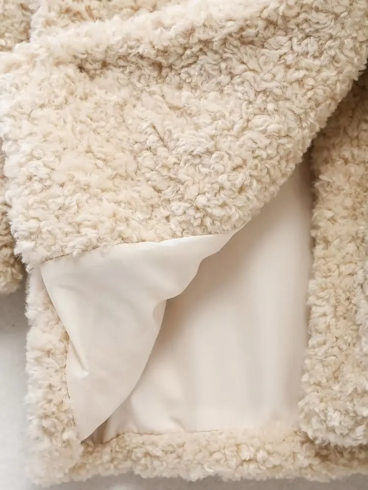 Withered Faux Fur Texture Double-Breasted Coat British Fashion Women's Winter Beige Color Warm Retro Lamb Wool Jacket Women