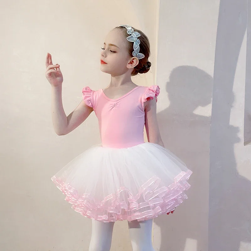 

Girl's ballet tight fitting suit with short ruffle edge sleeves and thin gauze dance suit, gymnastics tight fitting suit dress