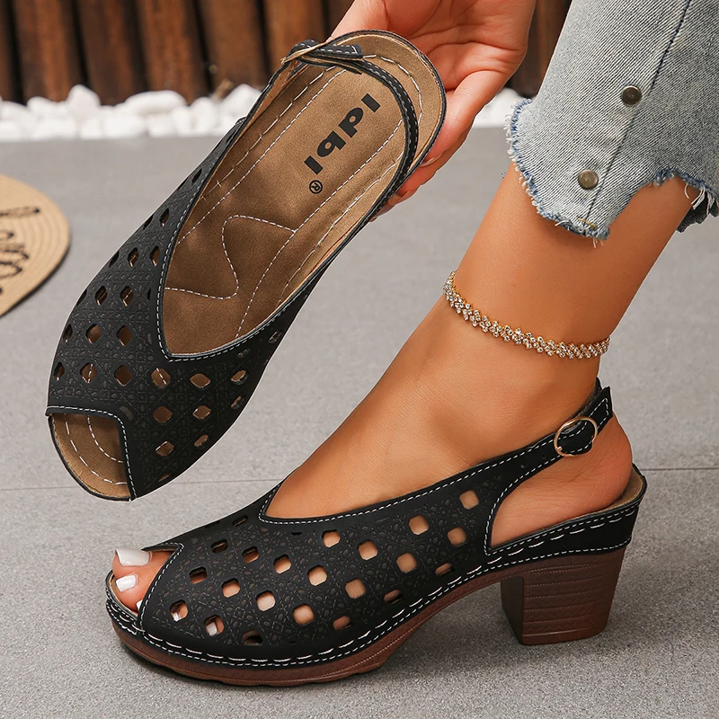 Vintage Peep Toe Thick Heels Sandals Women Hollow Out Back Strap Rome Sandals Woman Plus Size 43 Lightweight Sandals_vogvips.com