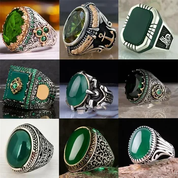 European and American Inlaid Emerald Men's Ring Turkey Retro Domineering Personality Ring To Attend The Banquet Party Jewelry