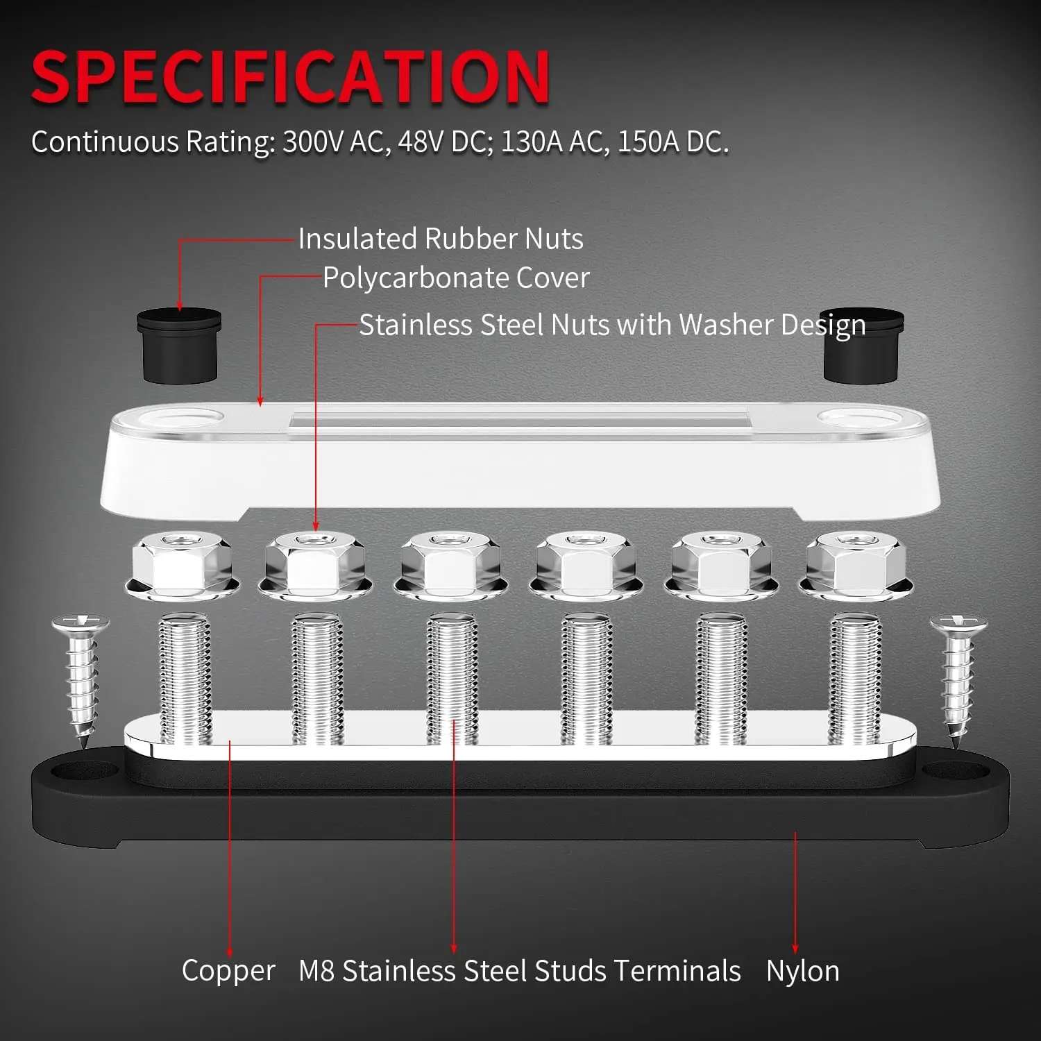 12 V Bus Bar 6x5/16 (M8) terminal Studs 12 Volt Power Verteilung