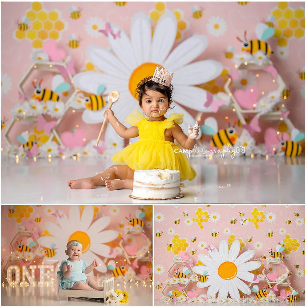Photo Backdrop White Daisy Flowers Better Bee Photo Background Sweet Honey Photo Studio Props Kids Birthday Cake Smash