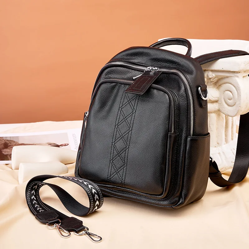 New Women's British Style Leather Backpack, Dual Zipper, Large Capacity, Versatile Travel Bag
