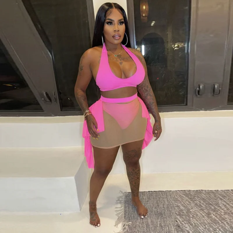 

WUHE Sheer Mesh Patchwork Ruffles 3 Piece Sets Women Sexy Sleeveless Vest Crop Top + Briefs + Bodycon Mini Skirts Beach Suits