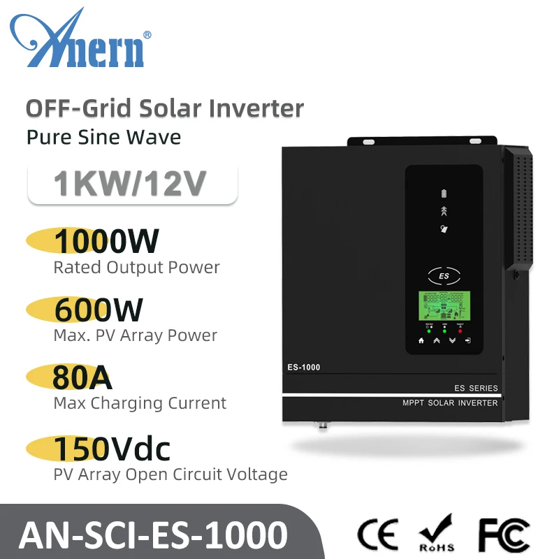 Anern 1.5Kw/1Kw Inverter Solare Da 24V Dc A 220-230Vac Inverter Off-Grid Con Regolatore Di Carica Solare Mppt Da 80A Ingresso Max Pv 150V