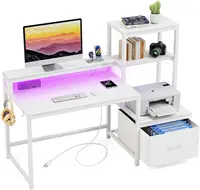 51-Inch White Computer Desk with Drawers, Monitor Stand, LED Lights, and Power Outlets for Home Office or Gaming