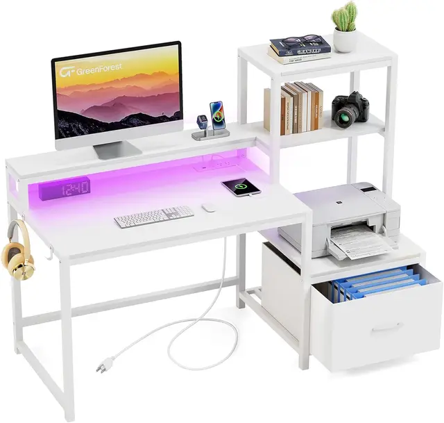 51-Inch White Computer Desk with Drawers, Monitor Stand, LED Lights, and Power Outlets for Home Office or Gaming